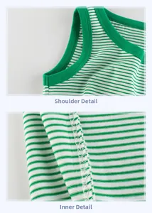 Close-up of green striped knit vest showing precise stitching and hem details