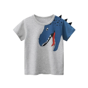 Boys Short Sleeve T-Shirt Pure Cotton Grey Dinosaur Print Textured Spines Summer Casual Crew Neck Kids Top