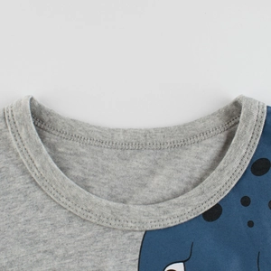 Kids navy blue dinosaur t-shirt with grey ribbed neckline and premium stitching details