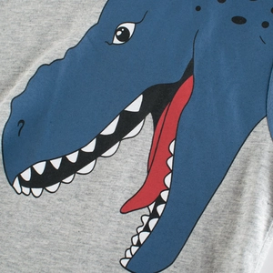 Kids grey cotton T-shirt featuring a playful blue cartoon dinosaur print on the chest