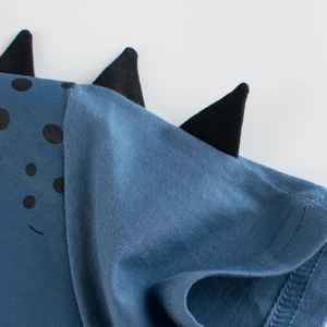 Blue cotton boys t-shirt with creative 3D black dinosaur back fin details and polka dots