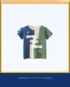 Detail of color-block cotton t-shirt with 3D dinosaur spikes and graphic print