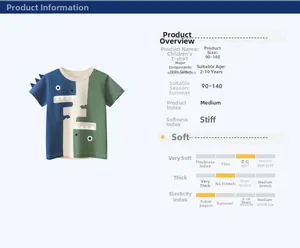 Detailed chart showing 100% cotton kids dinosaur t-shirt with 3D spine and size guide