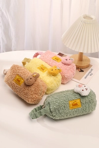 Plush teddy fleece pencil cases in four pastel colors with soft 3D animal charms