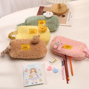 Cute plush cartoon animal pencil cases with lemon embroidery and soft faux shearling texture