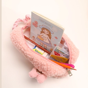 Pink plush teddy fleece pencil case with large capacity and silver zipper for school girls