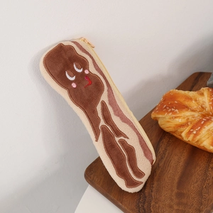 Funny bacon-shaped plush pencil case with cute cartoon embroidery for stationery storage