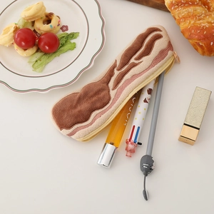 Creative bacon style plush pencil case for students featuring a realistic meat pattern design