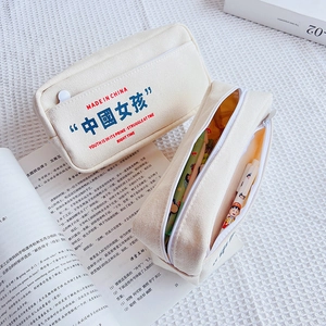 Minimalist off-white canvas pencil case with large capacity and multi-layer storage