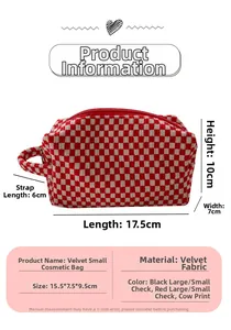 Detail view of red checkered velvet cosmetic bag with 17.5x7x10cm size dimensions