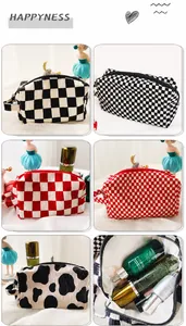 Detailed views of velvet plaid cosmetic bags in various patterns with spacious interior
