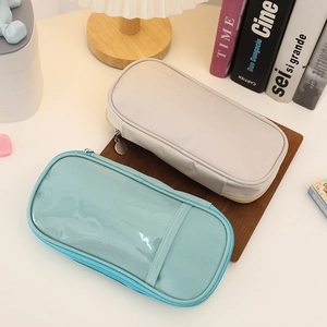 Large capacity canvas pencil case set in cream and blue with transparent PVC window