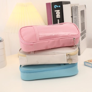Three large capacity canvas pencil cases with clear PVC windows in pink beige and blue