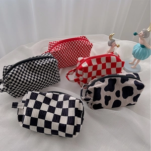 Checkered Velvet Cosmetic Bag Large Capacity Portable Makeup Organizer Cow Print Travel Toiletry Storage Pouch For Women