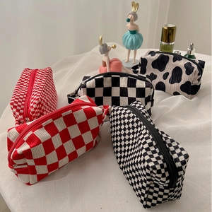 Cute velvet checkered cosmetic bag collection with large capacity and zip closure