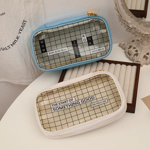 Large capacity aesthetic pencil cases in blue and cream with transparent mesh windows