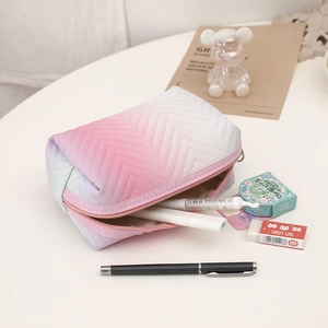 Quilted gradient PU leather makeup bag with chevron stitching and zipper closure