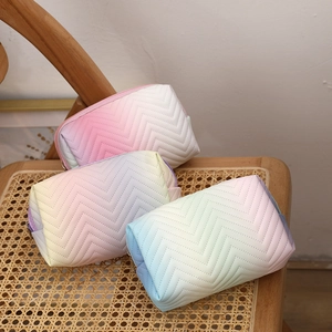 Makeup Bag Gradient PU Leather Chevron Quilted Zipper Cosmetic Travel Toiletry Organizer Pencil Case Portable Macaron