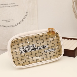 Minimalist grid pattern pencil case with transparent PVC window and gold zippers