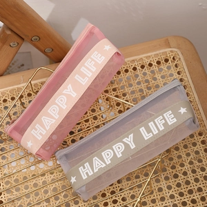 Minimalist transparent mesh pencil case with Happy Life print in pink and gray colors
