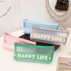 Minimalist transparent mesh pencil case in four colors with Happy Life leather trim