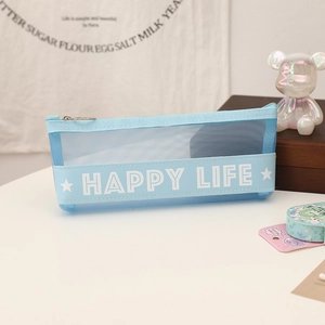 Detailed view of light blue mesh pencil case with zipper and Happy Life ribbon