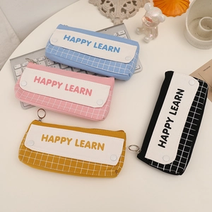 Canvas Checkered Pencil Case Large Capacity Double Layer Stationery Storage Bag For Students Girls Cute Japanese Style