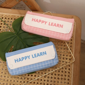 Double-layer clear pencil case for students in pink and blue canvas with grid design