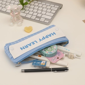 Blue plaid double-layer high-capacity pencil case with Happy Learn text for students