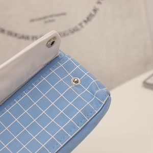Detailed macro view of blue and white plaid pencil case with silver metal button snap
