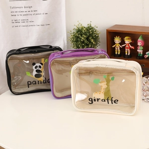 Transparent cartoon makeup bags in black, purple and beige with panda and giraffe patterns