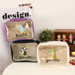 Close-up of three PVC cosmetic bags with animal prints and mesh interior layers