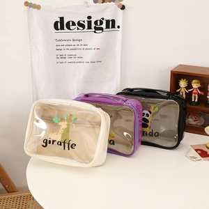 Transparent cute animal cosmetic bags with giraffe and panda prints and top handles