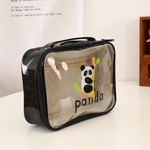 Detail view of transparent panda makeup bag with black handles and mesh interior pockets