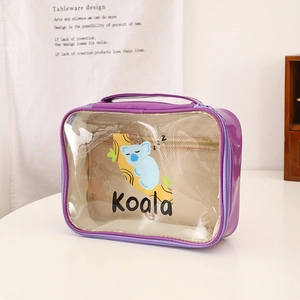 Detail view of purple koala makeup bag with clear window and mesh inner pocket