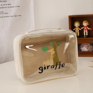 Detail of cream makeup bag featuring transparent PVC window and yellow giraffe illustration