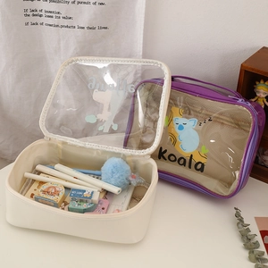 Cute transparent makeup bag with cartoon giraffe and koala designs for large storage