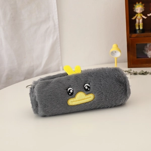 Close-up of soft grey plush pencil case featuring cute 3D embroidered duck character design