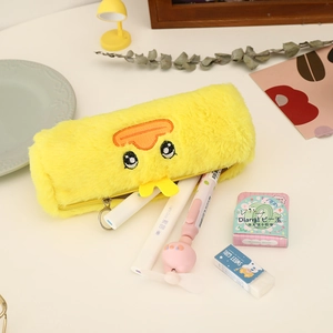 Cute yellow plush duck pencil case with large capacity and soft embroidery detail