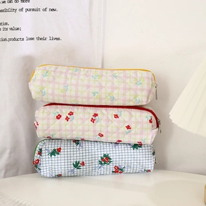 Quilted Cotton Pencil Case Floral Plaid Stationery Bag Large Capacity Zipper Pouch Aesthetic Organizer For Students Girls