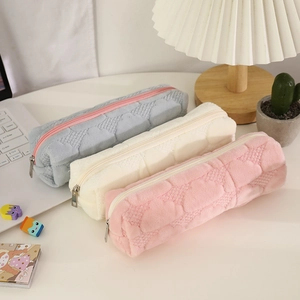 Quilted heart pattern large capacity plush pencil case in cream, grey and pink colors