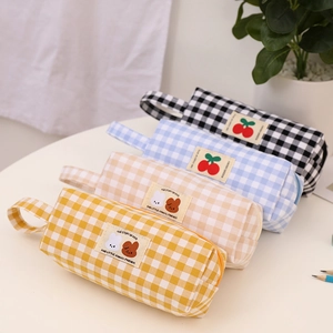 Astuccio a quadretti con ricamo e manico, borsa per cancelleria grande in 4 colori