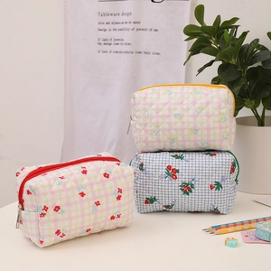 Quilted Cotton Floral Print Pencil Case Makeup Bag Zipper Closure Portable Storage Pouch Japanese Style For Girls