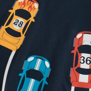 T-shirt en coton bleu marine pour garçons avec imprimés voitures de course dynamiques