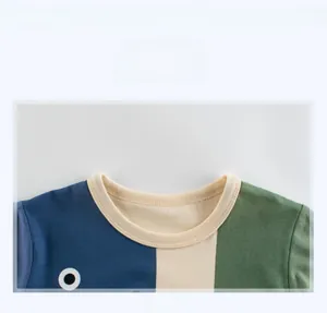 Detail of round neckline on tri-color stitched cotton t-shirt with eye print