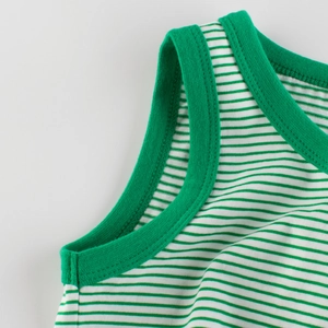 Striped sleeveless cotton tank top for boys featuring green and white horizontal patterns