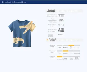 Detailed chart showing 100% cotton blue kids T-shirt with yellow crocodile print