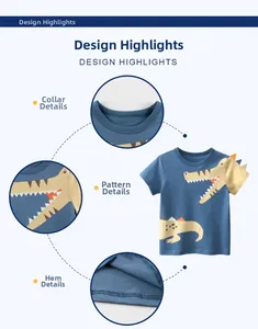 Detail of navy blue cotton kid's T-shirt showing yellow crocodile print and stitching