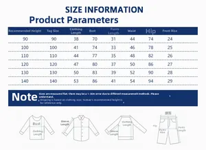 Detailed size chart for kids summer clothes set including height and measurement data