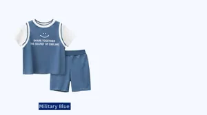 Detail view of navy blue boys' two-piece cotton summer set with smile graphic
